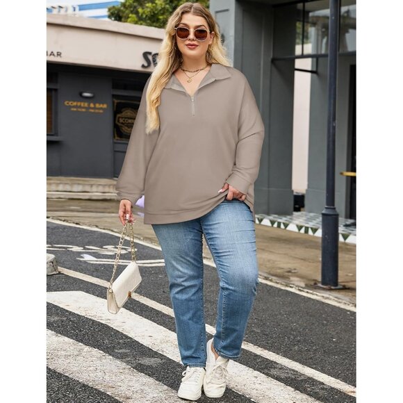 Plus Size Sweatshirt Women Polyester Spandex Pockets Quarter Zip Oversized - Picture 7 of 7